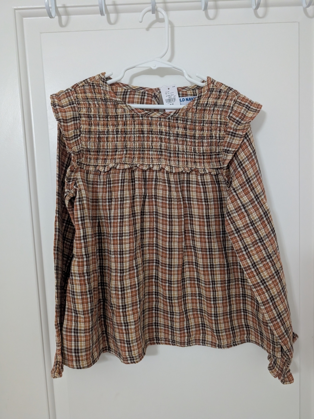 NWT Old Navy Girls Size 8 Brown Plaid Smocked Ruffle Blouse Fall